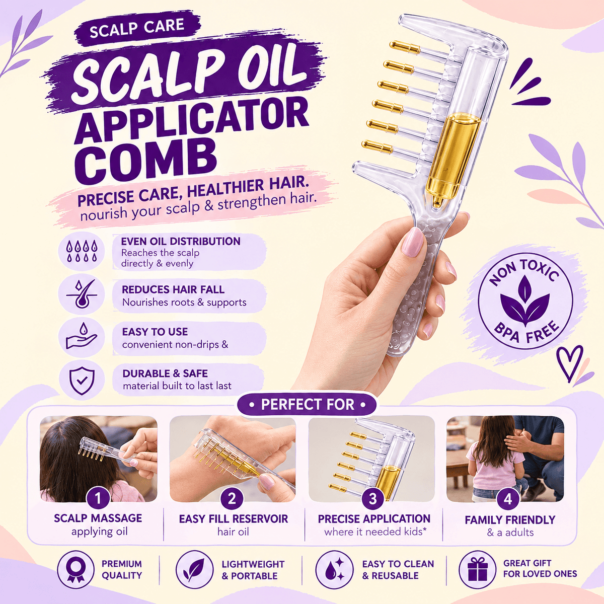 2 in 1 Hair Oil Applicator Comb – Mess-Free Scalp Oiling & Massager